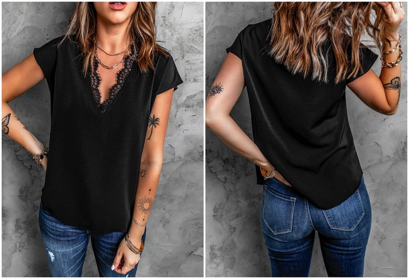 lime flare Women Sexy V Neck Lace Trim Satin T-Shirt Tops Dressy Silk Lacy Tank Blouse Shirt (Black Eyelash Lace Short Sleeve,X-L) - Image 4